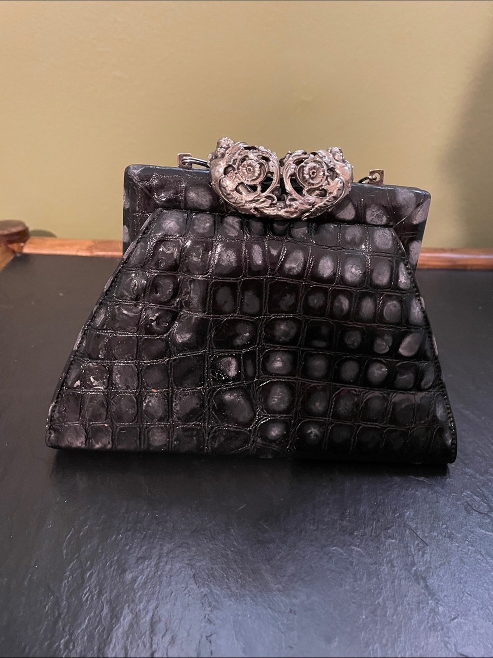 Vintage Made in USA Black Croc-Embossed Frame Clutch with Ornate Silver Clasp